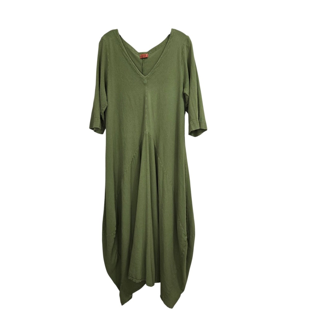Oh My Gauze Dress Women O/S Olive Green Cotton Lagenlook V-Neck Maxi Tulip Skirt
